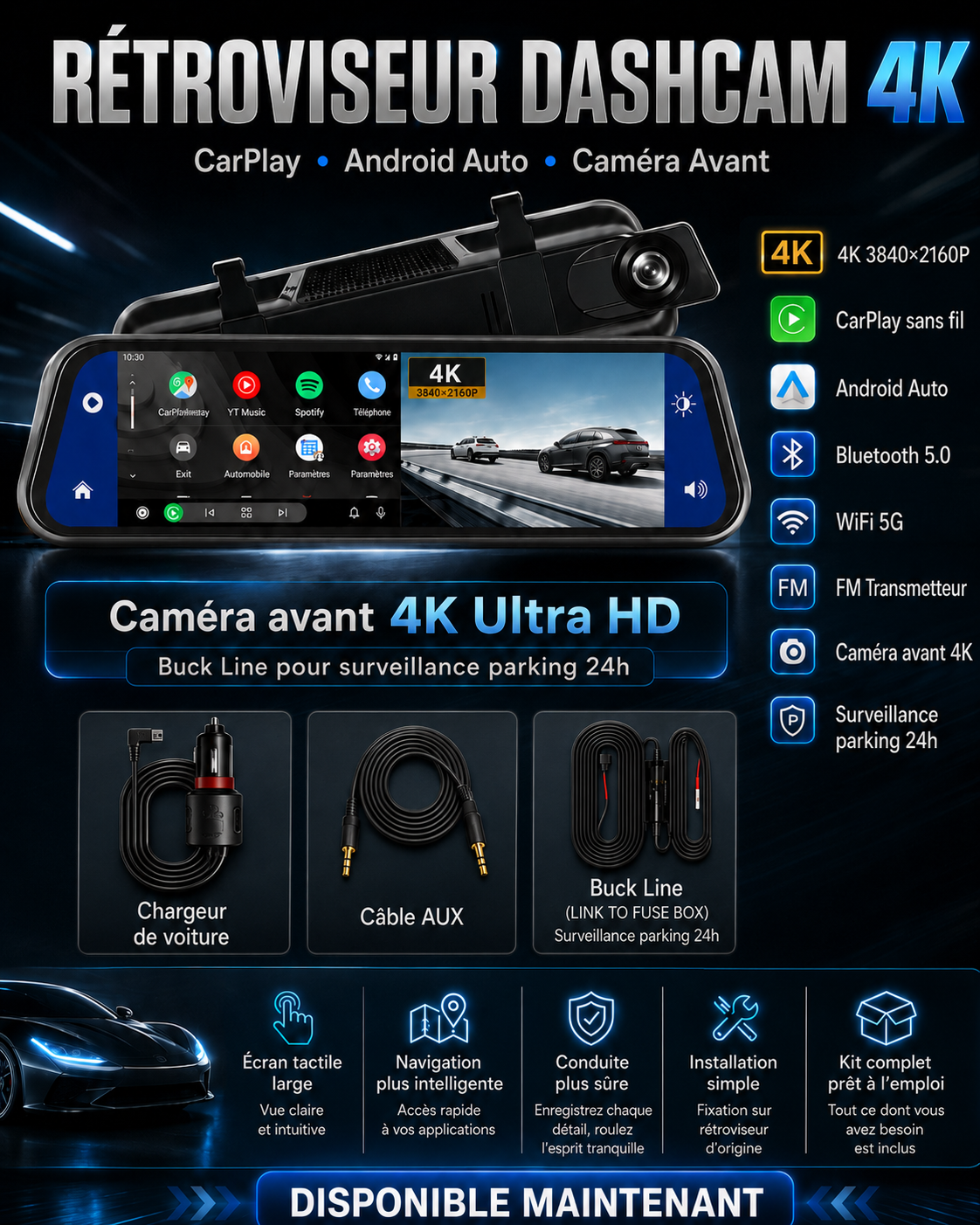 Rétroviseur Dashcam 4K avec CarPlay, Android Auto, GPS & Caméra Arrière 1080P