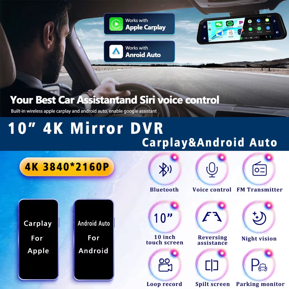 10" Dash Cam 4K 3840*2160P Car Dvr Carplay Android Auto GPS 5G WIFI AUX Stream Rearview Mirror Dashcam Camera Drive Recorder FM