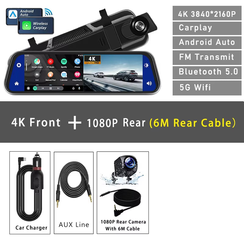 10" Dash Cam 4K 3840*2160P Car Dvr Carplay Android Auto GPS 5G WIFI AUX Stream Rearview Mirror Dashcam Camera Drive Recorder FM