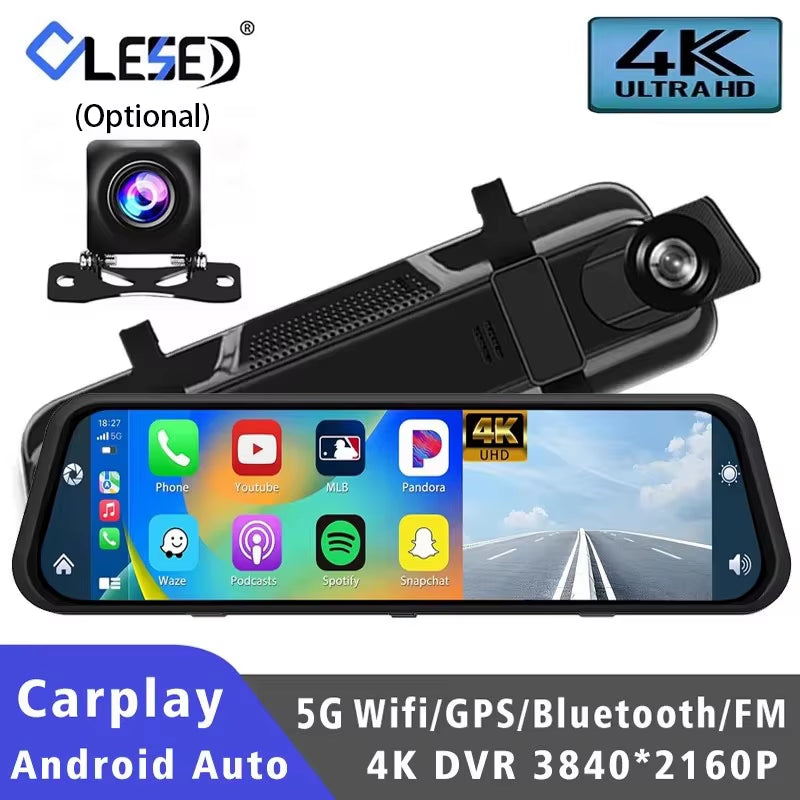 10" Dash Cam 4K 3840*2160P Car Dvr Carplay Android Auto GPS 5G WIFI AUX Stream Rearview Mirror Dashcam Camera Drive Recorder FM