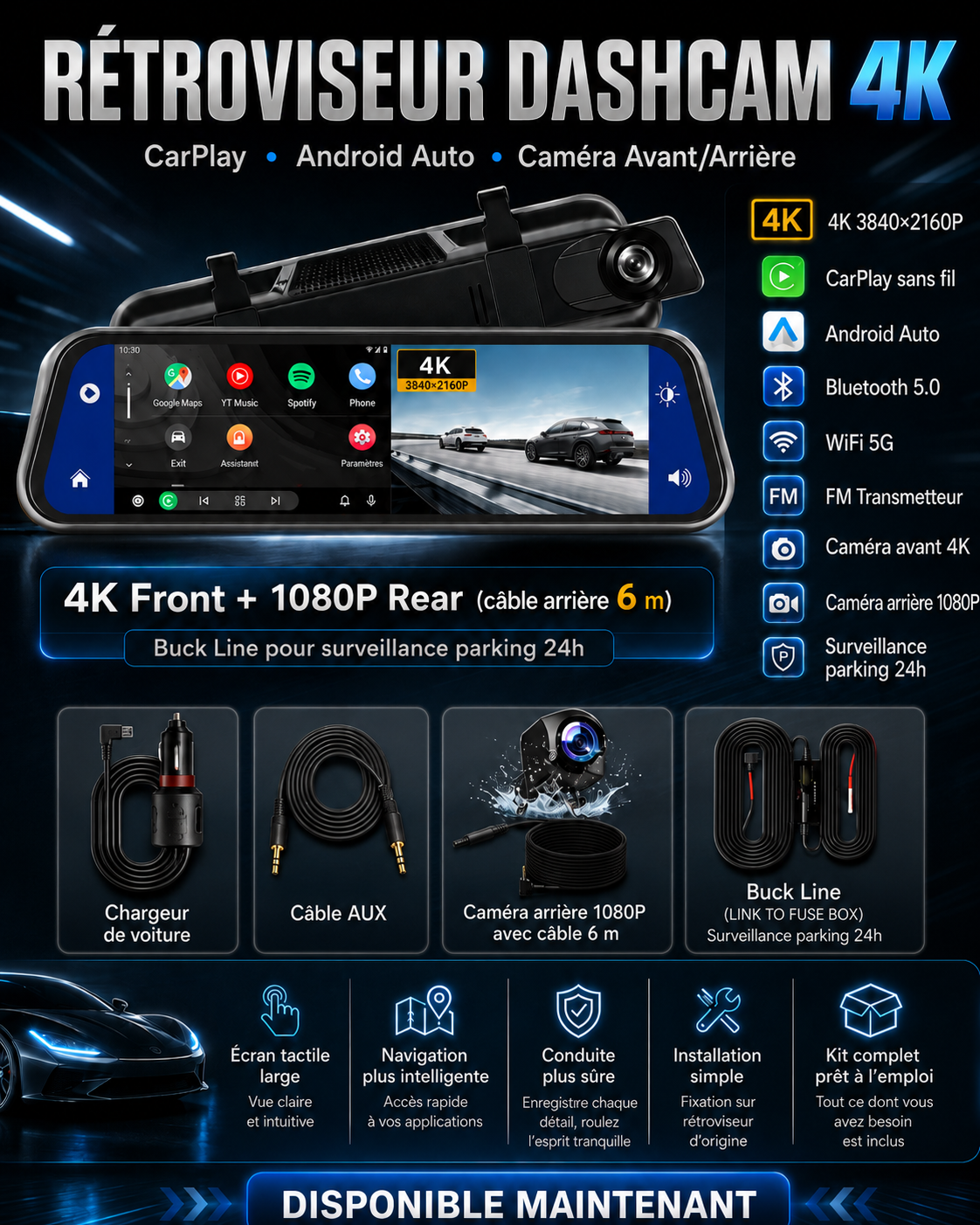 Rétroviseur Dashcam 4K avec CarPlay, Android Auto, GPS & Caméra Arrière 1080P