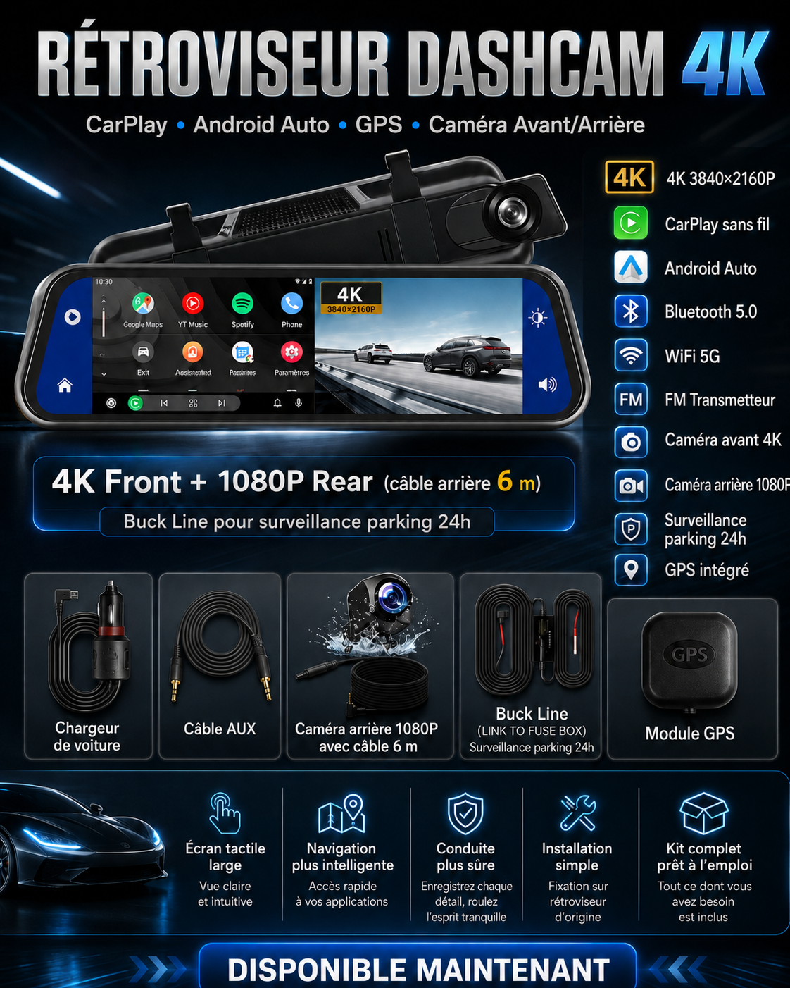 Rétroviseur Dashcam 4K avec CarPlay, Android Auto, GPS & Caméra Arrière 1080P