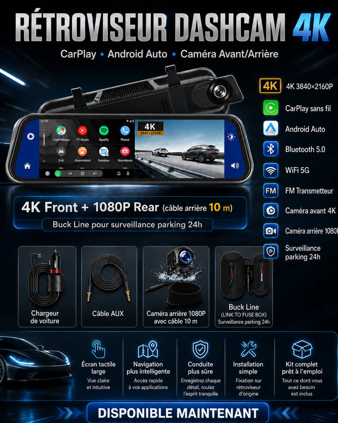 Rétroviseur Dashcam 4K avec CarPlay, Android Auto, GPS & Caméra Arrière 1080P
