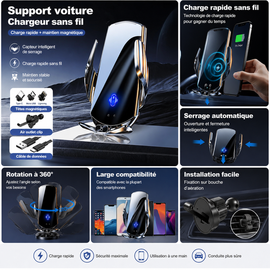 Support Téléphone Voiture Chargeur Sans Fil Magnétique – Fixation Grille Aération, Charge Rapide Qi, Support Serrage Auto Intelligent